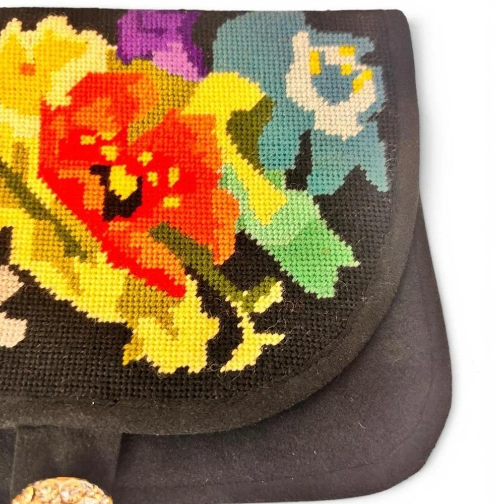 Vintage Bright Colorful Floral Needlepoint Rhinestone Clutch